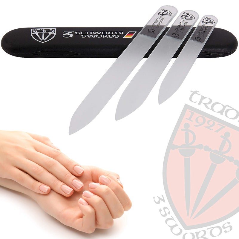 3 Swords Germany - Brand Quality Glass Nail File Set, 3 Pieces, Perfect for Natural Fake Gel Artificial Acrylic fingernail, incl. Black Plastic case - Image 2